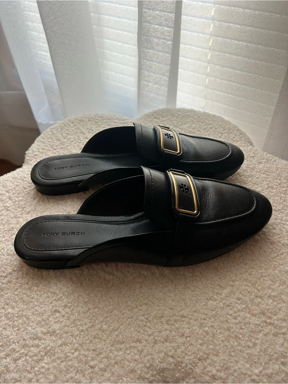 Tory Burch Black Leather Slip-On Mule with Gold Buckle